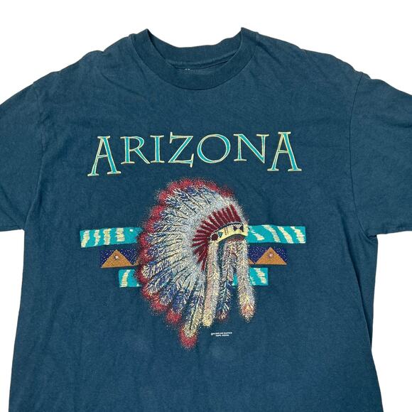 Vintage 90s Arizona Indian Chief Feathers Graphic Tee T-Shirt Blue Adult Large - Picture 3 of 6